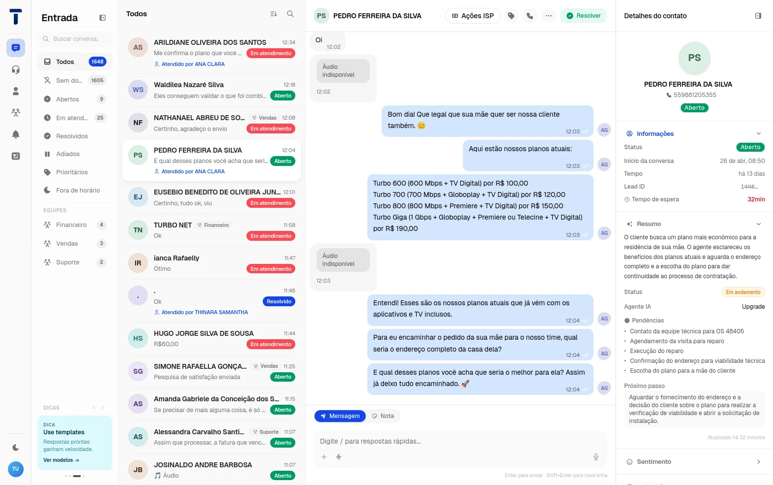 THIVIO Core — inbox unificado com Specialists™ atendendo clientes via WhatsApp